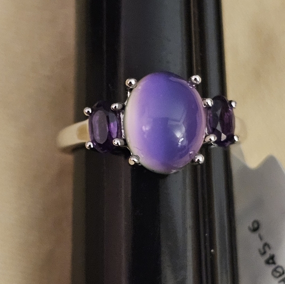 Sz 6, Oval Violet Aurora Moonstone, Amethyst side stones,925 Silver, Rhodium,NWT - Picture 4 of 15